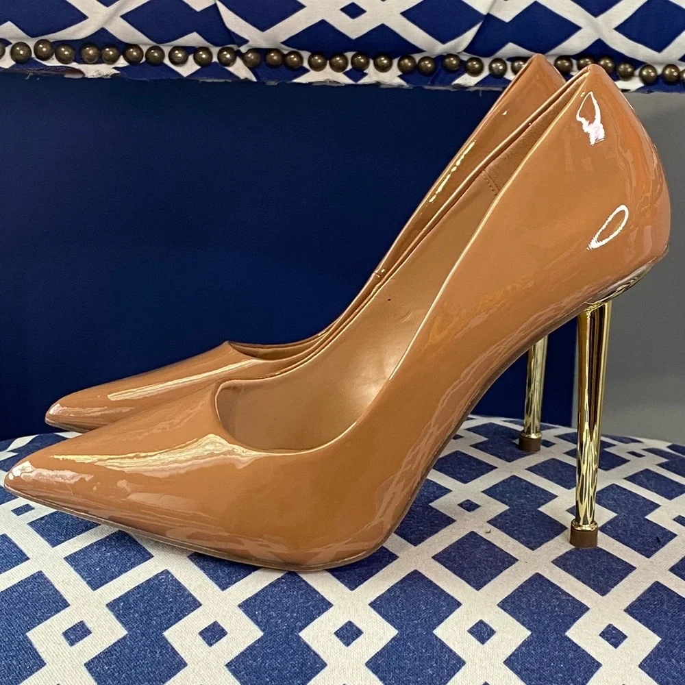 Cognac brown gold pointed classic high heel pumps sz 10 - Picture 3 of 8